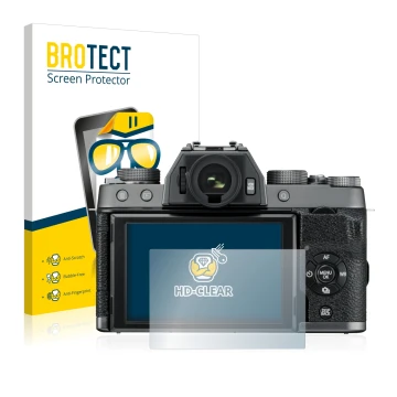 Parte frontale di una confezione del prodotto con il logo del marchio BROTECT. Accanto è raffigurato il dispositivo Fujifilm X