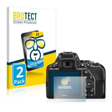 Parte frontale di una confezione del prodotto con il logo del marchio BROTECT. Accanto è raffigurato il dispositivo Nikon D350