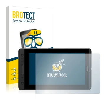 Parte frontale di una confezione del prodotto con il logo del marchio BROTECT. Accanto è raffigurato il dispositivo Huion Kamv