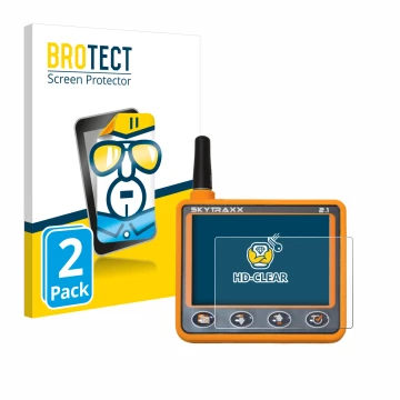 Parte frontale di una confezione del prodotto con il logo del marchio BROTECT. Accanto è raffigurato il dispositivo Skytraxx 2