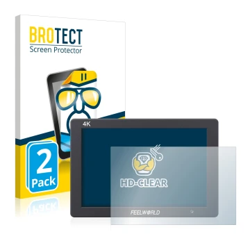 Parte frontale di una confezione del prodotto con il logo del marchio BROTECT. Accanto è raffigurato il dispositivo Feelworld 