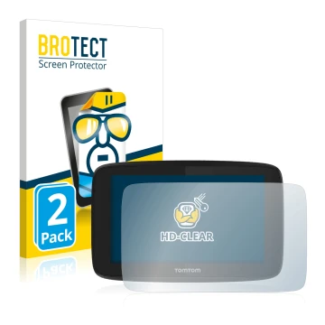 Parte frontale di una confezione del prodotto con il logo del marchio BROTECT. Accanto è raffigurato il dispositivo TomTom GO 