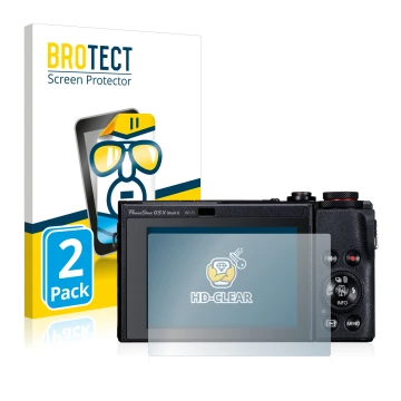 Parte frontale di una confezione del prodotto con il logo del marchio BROTECT. Accanto è raffigurato il dispositivo Canon Powe