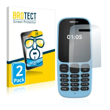 Parte frontale di una confezione del prodotto con il logo del marchio BROTECT. Accanto è raffigurato il dispositivo Nokia 105 