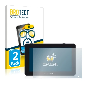 Parte frontale di una confezione del prodotto con il logo del marchio BROTECT. Accanto è raffigurato il dispositivo Feelworld 
