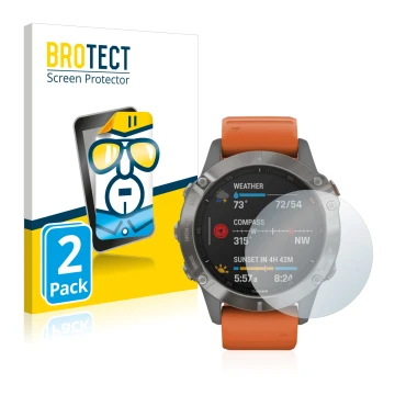 Parte frontale di una confezione del prodotto con il logo del marchio BROTECT. Accanto è raffigurato il dispositivo Garmin Fen