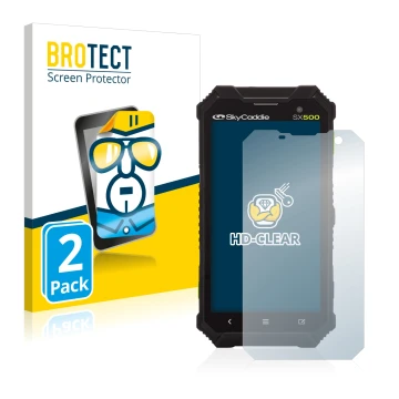 Parte frontale di una confezione del prodotto con il logo del marchio BROTECT. Accanto è raffigurato il dispositivo SkyCaddie 