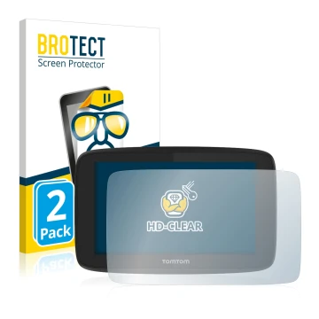 Parte frontale di una confezione del prodotto con il logo del marchio BROTECT. Accanto è raffigurato il dispositivo TomTom Go 