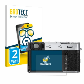 Parte frontale di una confezione del prodotto con il logo del marchio BROTECT. Accanto è raffigurato il dispositivo Fujifilm X