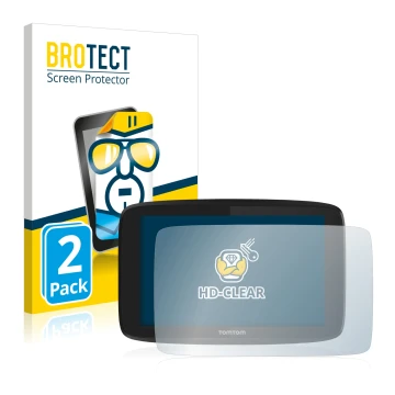 Parte frontale di una confezione del prodotto con il logo del marchio BROTECT. Accanto è raffigurato il dispositivo TomTom Go 