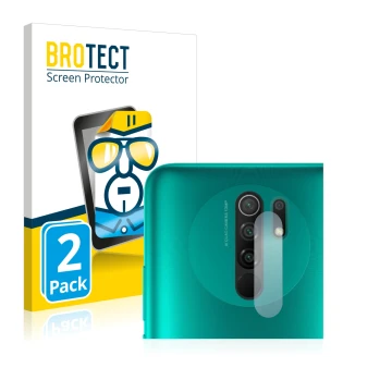 Parte frontale di una confezione del prodotto con il logo del marchio BROTECT. Accanto è raffigurato il dispositivo Xiaomi Red