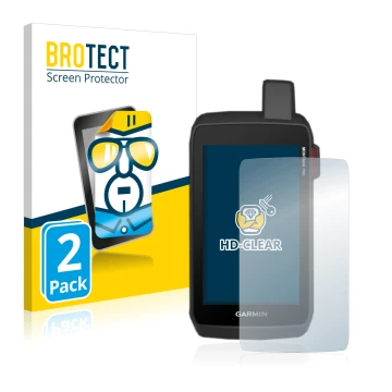 Parte frontale di una confezione del prodotto con il logo del marchio BROTECT. Accanto è raffigurato il dispositivo Garmin Mon