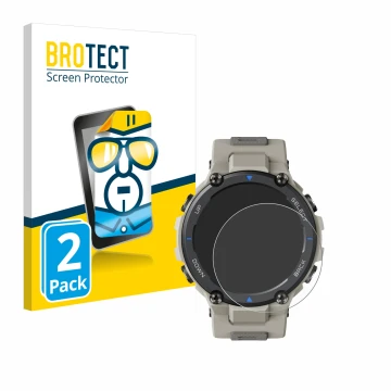 Parte frontale di una confezione del prodotto con il logo del marchio BROTECT. Accanto è raffigurato il dispositivo Huami Amaz