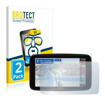 Parte frontale di una confezione del prodotto con il logo del marchio BROTECT. Accanto è raffigurato il dispositivo TomTom GO 