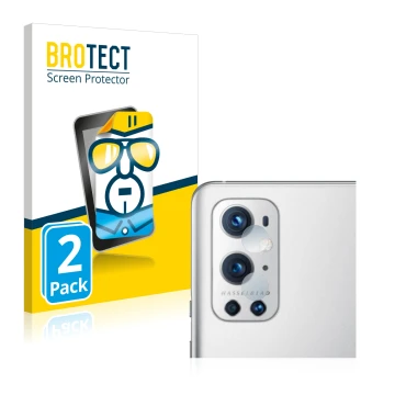 Parte frontale di una confezione del prodotto con il logo del marchio BROTECT. Accanto è raffigurato il dispositivo OnePlus 9 