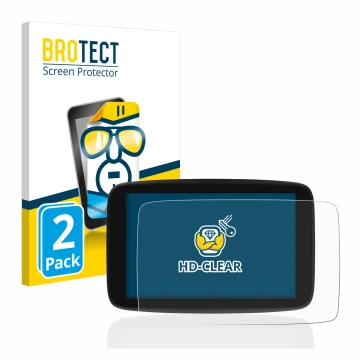Parte frontale di una confezione del prodotto con il logo del marchio BROTECT. Accanto è raffigurato il dispositivo TomTom Go 