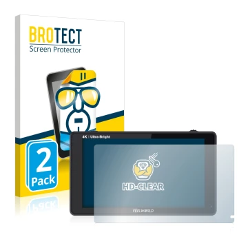 Parte frontale di una confezione del prodotto con il logo del marchio BROTECT. Accanto è raffigurato il dispositivo Feelworld 