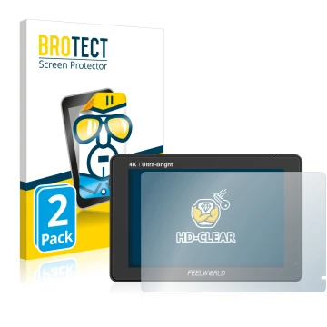 Parte frontale di una confezione del prodotto con il logo del marchio BROTECT. Accanto è raffigurato il dispositivo Feelworld 