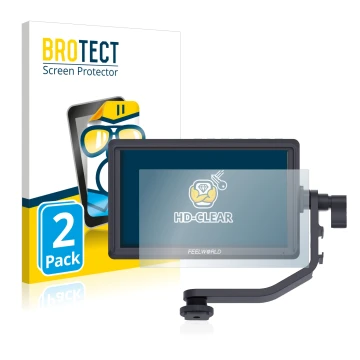 Parte frontale di una confezione del prodotto con il logo del marchio BROTECT. Accanto è raffigurato il dispositivo Feelworld 