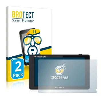 Parte frontale di una confezione del prodotto con il logo del marchio BROTECT. Accanto è raffigurato il dispositivo Feelworld 