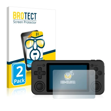 Parte frontale di una confezione del prodotto con il logo del marchio BROTECT. Accanto è raffigurato il dispositivo Anbernic R