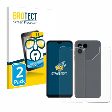 Parte frontale di una confezione del prodotto con il logo del marchio BROTECT. Accanto è raffigurato il dispositivo Fairphone 