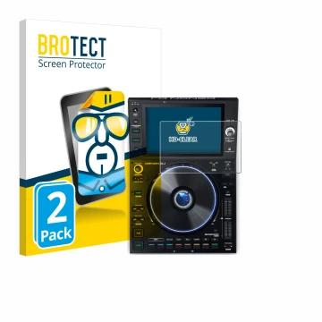 Parte frontale di una confezione del prodotto con il logo del marchio BROTECT. Accanto è raffigurato il dispositivo Denon DJ S