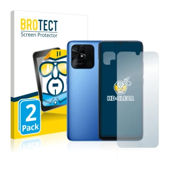 Parte frontale di una confezione del prodotto con il logo del marchio BROTECT. Accanto è raffigurato il dispositivo Xiaomi Red