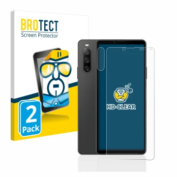 Parte frontale di una confezione del prodotto con il logo del marchio BROTECT. Accanto è raffigurato il dispositivo Sony Xperi