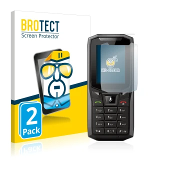 Parte frontale di una confezione del prodotto con il logo del marchio BROTECT. Accanto è raffigurato il dispositivo Crosscall 