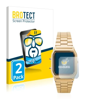 Parte frontale di una confezione del prodotto con il logo del marchio BROTECT. Accanto è raffigurato il dispositivo Casio AQ-2