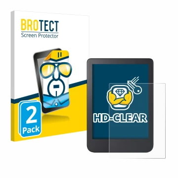 Parte frontale di una confezione del prodotto con il logo del marchio BROTECT. Accanto è raffigurato il dispositivo Kobo Clara