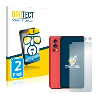 Parte frontale di una confezione del prodotto con il logo del marchio BROTECT. Accanto è raffigurato il dispositivo OnePlus No