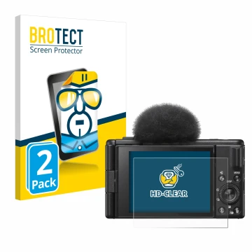 Parte frontale di una confezione del prodotto con il logo del marchio BROTECT. Accanto è raffigurato il dispositivo Sony ZV-1F