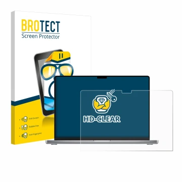 Parte frontale di una confezione del prodotto con il logo del marchio BROTECT. Accanto è raffigurato il dispositivo Apple MacB