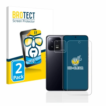 Parte frontale di una confezione del prodotto con il logo del marchio BROTECT. Accanto è raffigurato il dispositivo Xiaomi 13 