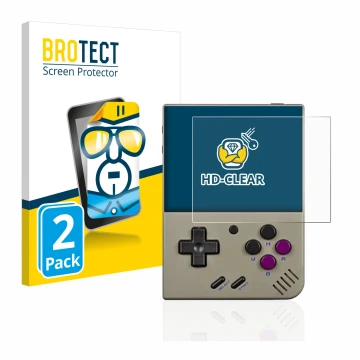 Parte frontale di una confezione del prodotto con il logo del marchio BROTECT. Accanto è raffigurato il dispositivo Miyoo Mini