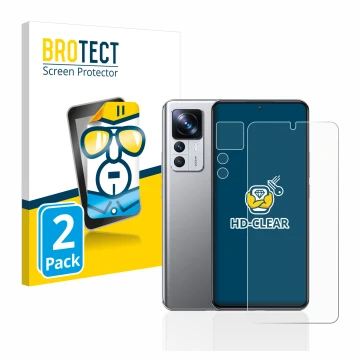 Parte frontale di una confezione del prodotto con il logo del marchio BROTECT. Accanto è raffigurato il dispositivo Xiaomi 12T
