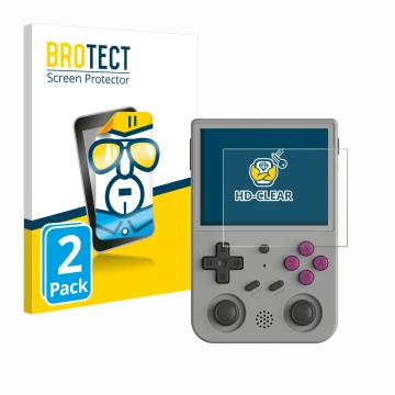 Parte frontale di una confezione del prodotto con il logo del marchio BROTECT. Accanto è raffigurato il dispositivo Anbernic R