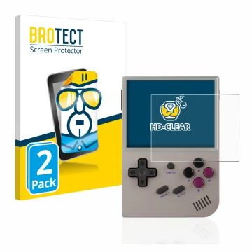 Parte frontale di una confezione del prodotto con il logo del marchio BROTECT. Accanto è raffigurato il dispositivo Anbernic R