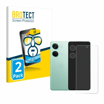 Parte frontale di una confezione del prodotto con il logo del marchio BROTECT. Accanto è raffigurato il dispositivo OnePlus No
