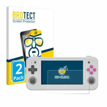 Parte frontale di una confezione del prodotto con il logo del marchio BROTECT. Accanto è raffigurato il dispositivo Anbernic R