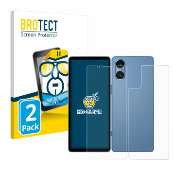 Parte frontale di una confezione del prodotto con il logo del marchio BROTECT. Accanto è raffigurato il dispositivo Sony Xperi