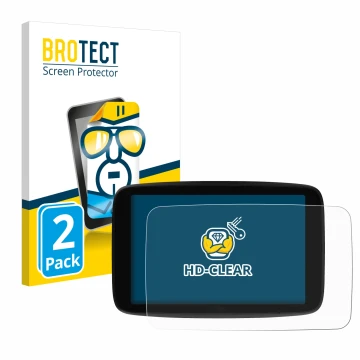 Parte frontale di una confezione del prodotto con il logo del marchio BROTECT. Accanto è raffigurato il dispositivo TomTom GO 
