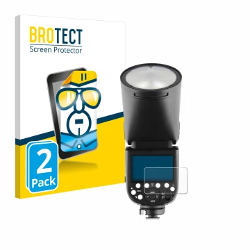 Parte frontale di una confezione del prodotto con il logo del marchio BROTECT. Accanto è raffigurato il dispositivo Godox V1 c