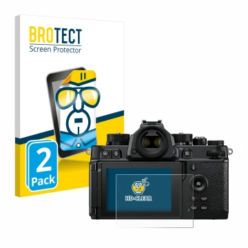 Parte frontale di una confezione del prodotto con il logo del marchio BROTECT. Accanto è raffigurato il dispositivo Nikon Z F 