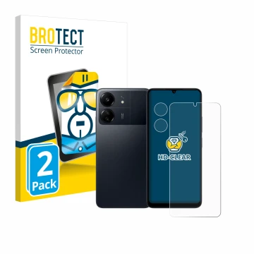 Parte frontale di una confezione del prodotto con il logo del marchio BROTECT. Accanto è raffigurato il dispositivo Xiaomi Poc