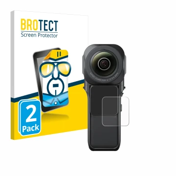 Parte frontale di una confezione del prodotto con il logo del marchio BROTECT. Accanto è raffigurato il dispositivo Insta360 O