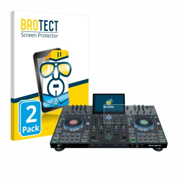 Parte frontale di una confezione del prodotto con il logo del marchio BROTECT. Accanto è raffigurato il dispositivo Denon DJ P