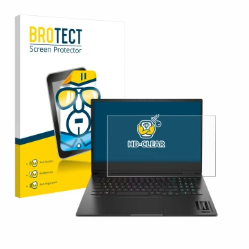 Parte frontale di una confezione del prodotto con il logo del marchio BROTECT. Accanto è raffigurato il dispositivo HP Omen 16